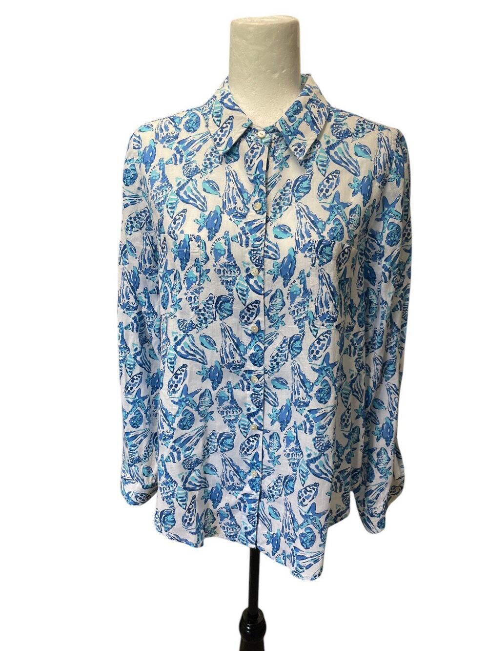 Lilly Pulitzer Sea View Linen Button Down Shirt Shell Collector Blue White Sz M